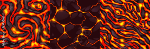 Textures of lava, magma and stones. Seamless patterns of volcano rock surface with cracks and flows of hot molten liquid lava in top view, vector cartoon illustration