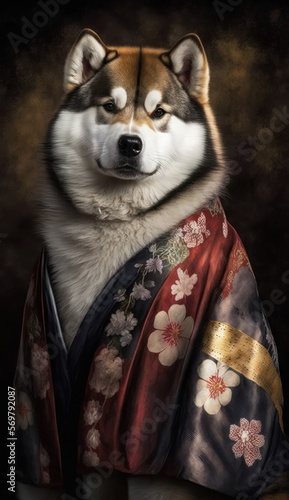 Photo Shoot of Unique Breathtaking Cultural Apparel: Elegant Alaskan Malamute Dog in a Traditional Japanese Kimono with Obi Sash and Beautiful Eye-catching Patterns like Men, Women, and Kids