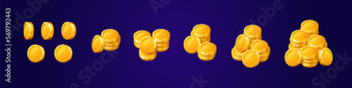 Set of vector cartoon stack of gold coin. Isolated cash treasure pile heap icon. Reward gui element for abundance illustration. Success investment for savings and wealth. Deposit stock grow.