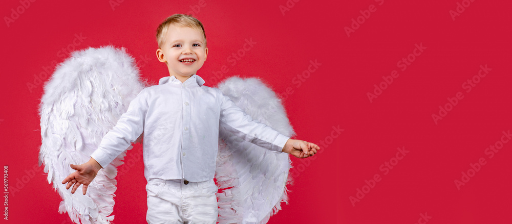Obraz premium Angel kid banner, isolated studio background. Portrait of innocent angel looking it with love.
