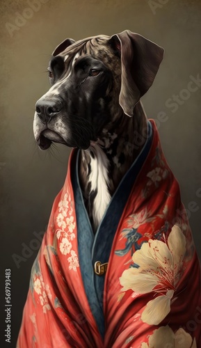 Photo Shoot of Unique Breathtaking Cultural Apparel: Elegant Great Dane Dog in a Traditional Japanese Kimono with Obi Sash and Beautiful Eye-catching Patterns like Men, Women, and Kids (generative AI)