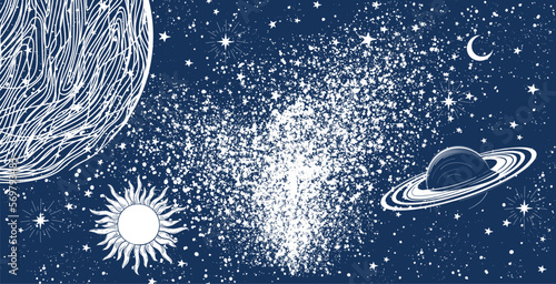 Mystical background with planets for astrology, zodiac, divination. Vector graphics, hand drawing, magic illustration, explosion in space. Vector illustration.