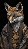 Photo Shoot of Unique Breathtaking Cultural Apparel:Elegant Jackal Animal in Traditional Japanese Kimono with Obi Sash and Beautiful Eye-catching Patterns like Men, Women, and Kids generative AI