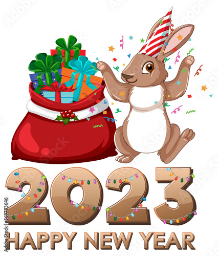 Happy New Year text with cute rabbit for banner design