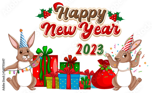 Happy New Year text with cute rabbit for banner design
