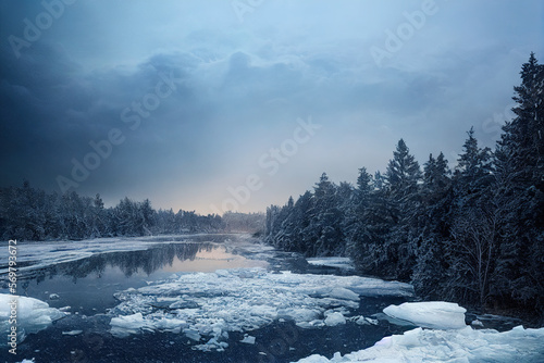 Winter landscape with frozen river, AI generated art
