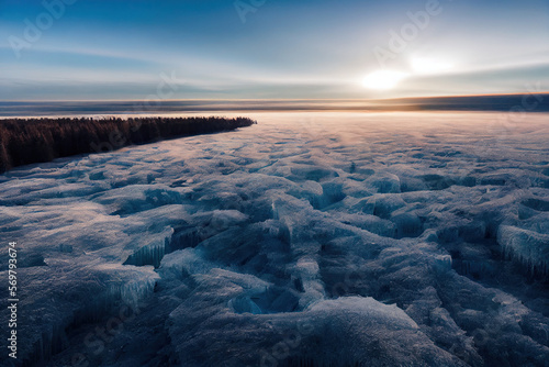 Sunset over the frozen river, AI generative art