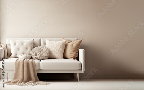 Clean minimal scandinavic interior with modern sofa with empty wall mockup photo