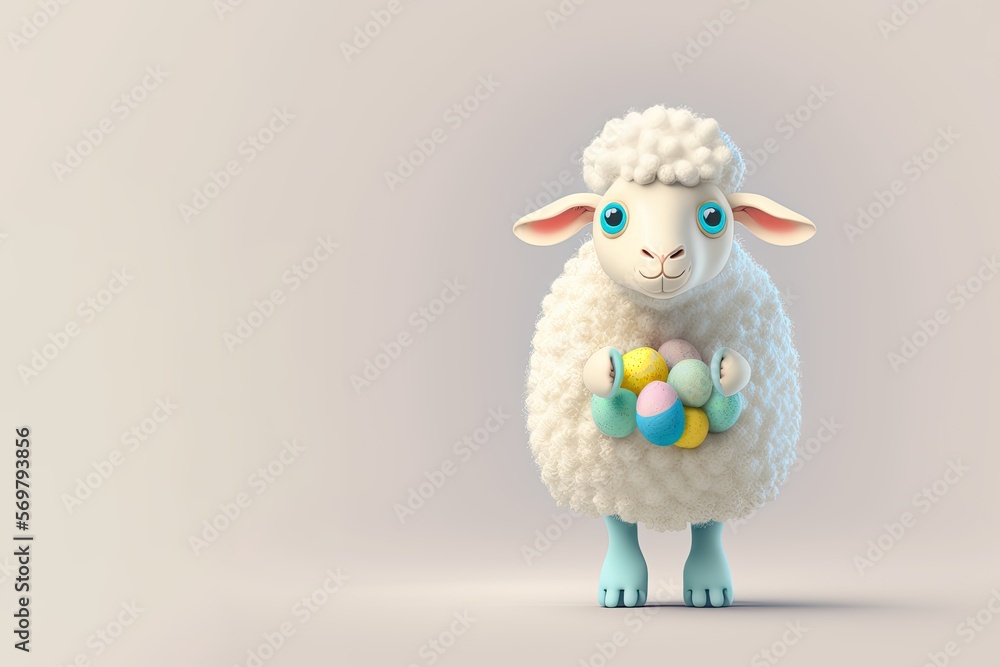 Cute easter lamb character with easter colorful eggs, fluffy adorable sheep.Generated AI Cute easter lamb character with easter colorful eggs, fluffy adorable sheep.Generated AI