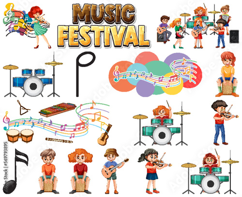 Kids musical instruments and music symbols set