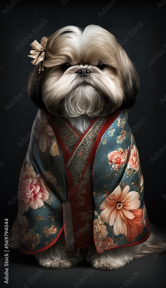 Photo Shoot of Unique Breathtaking Cultural Apparel: Elegant Lhasa Apso Dog in a Traditional Japanese Kimono with Obi Sash and Beautiful Eye-catching Patterns like Men, Women, and Kids (generative AI)