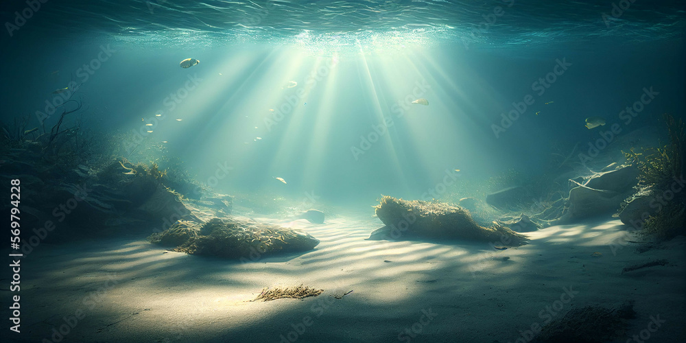 Underwater Scene Of The Deep Ocean Floor Rays Of Light Shimmer Through The Water Illuminating
