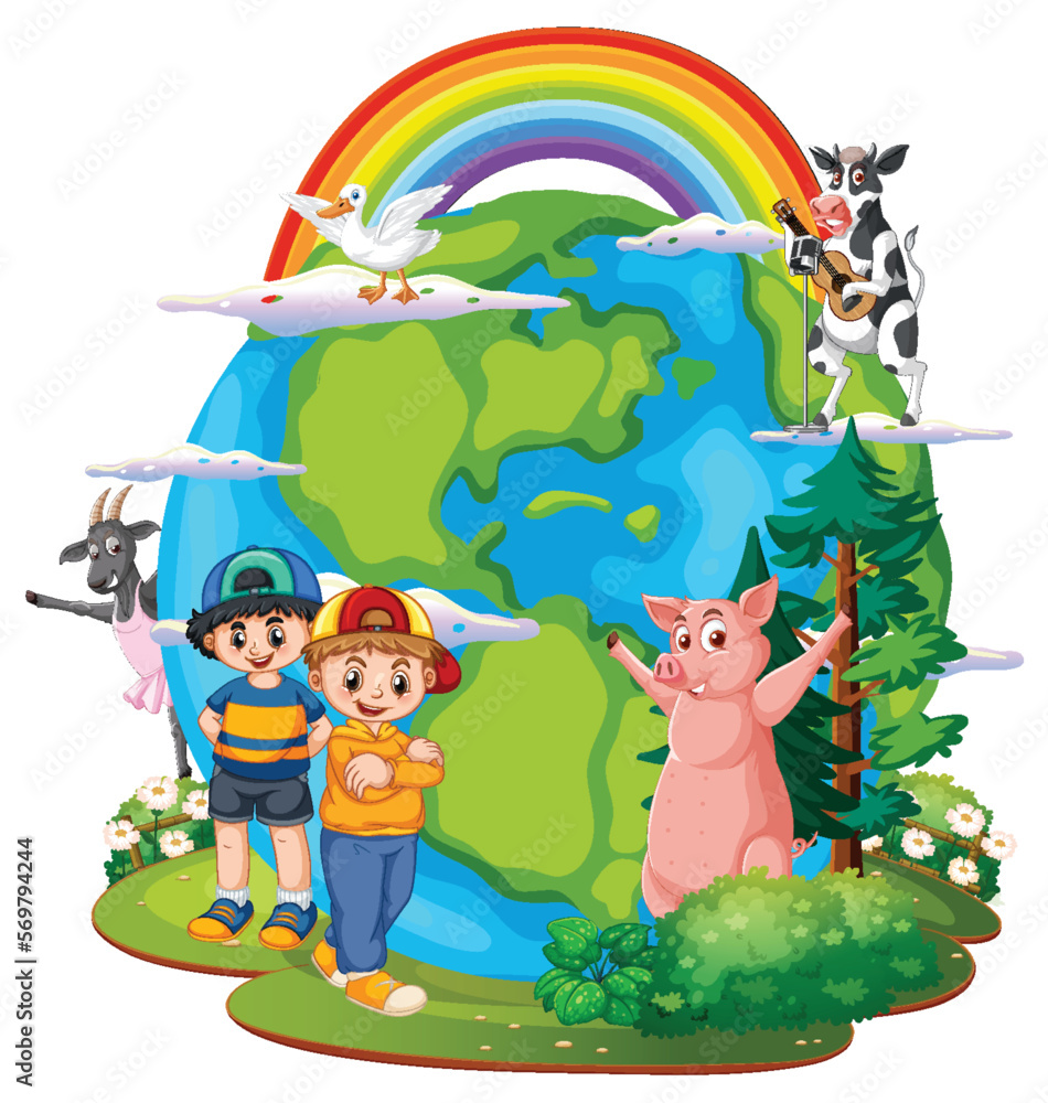 Naklejka premium Earth planet with cartoon characters