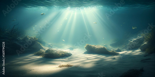 Underwater scene of the deep ocean floor. Rays of light shimmer through the water  illuminating the sandy seabed and creating a peaceful atmosphere. Generative AI