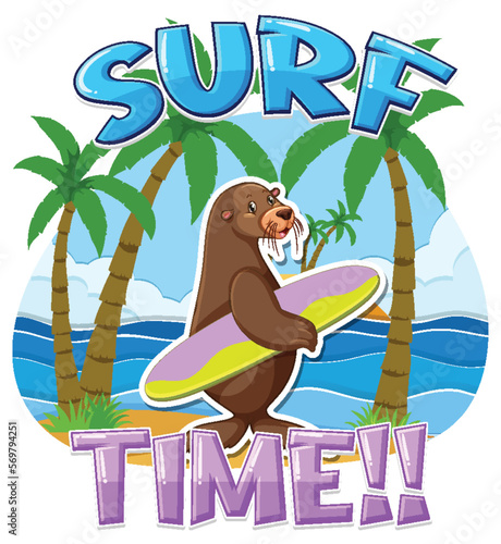 Sea lion carton character with surf time word