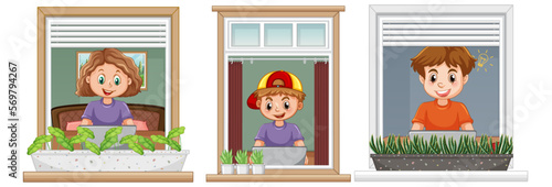 Kids using computer and looking through the window