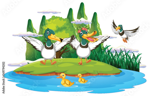 Happy duck group in nature scene