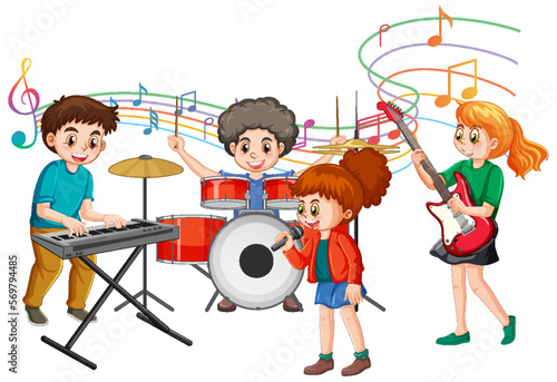 Children playing different musical instruments