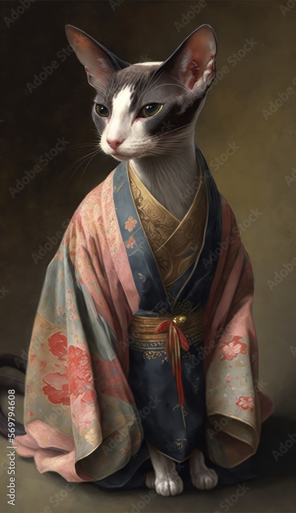 Photo Shoot of Unique Breathtaking Cultural Apparel: Elegant Oriental Cat in a Traditional Japanese Kimono with Obi Sash and Beautiful Eye-catching Patterns like Men, Women, and Kids (generative AI) Photo Shoot of Unique Breathtaking Cultural Apparel: Elegant Oriental Cat in a Traditional Japanese Kimono with Obi Sash and Beautiful Eye-catching Patterns like Men, Women, and Kids (generative AI)