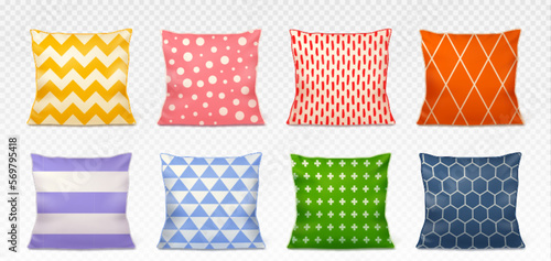 Color square pillows realistic vector illustration. Cotton decorative cushion with pattern rhombuses and triangles, dots and zigzag, striped pad front view, set isolated on transparent background photo
