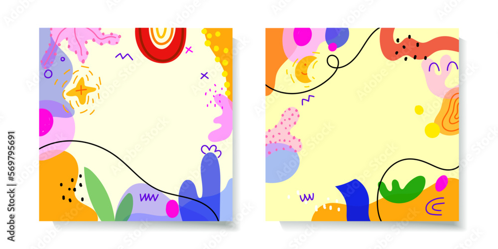 Set of tropical summer doodle banner with space for text vector. Colorful abstract with leaves, shapes and texture background.