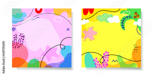 Set of tropical summer doodle banner with space for text vector. Colorful abstract with leaves, shapes and texture background.