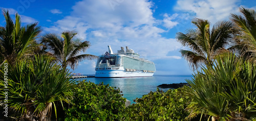 Abstract cruise ships or big liners in open water with tropic palm background . Collage about travel photo