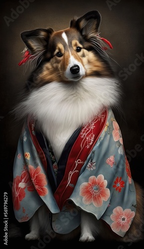 Photo Shoot of Unique Breathtaking Cultural Apparel: Elegant Shetland Sheepdog Dog in a Traditional Japanese Kimono with Obi Sash and Beautiful Eye-catching Patterns like Men, Women, and Kids