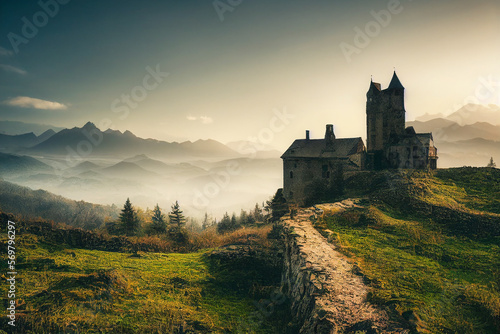 Wallpaper of medieval landscape with old castles. Generative ai