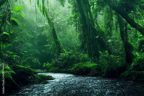 Wallpaper of rainforest landscape with a small river. Generative ai