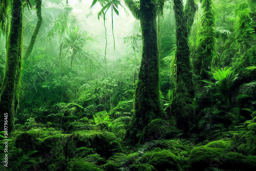 Wallpaper of a tropical rainforest landscape. Generative ai © Julian