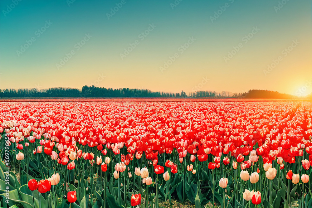 Wallpaper of beautiful tulip fields landscape. Generative ai