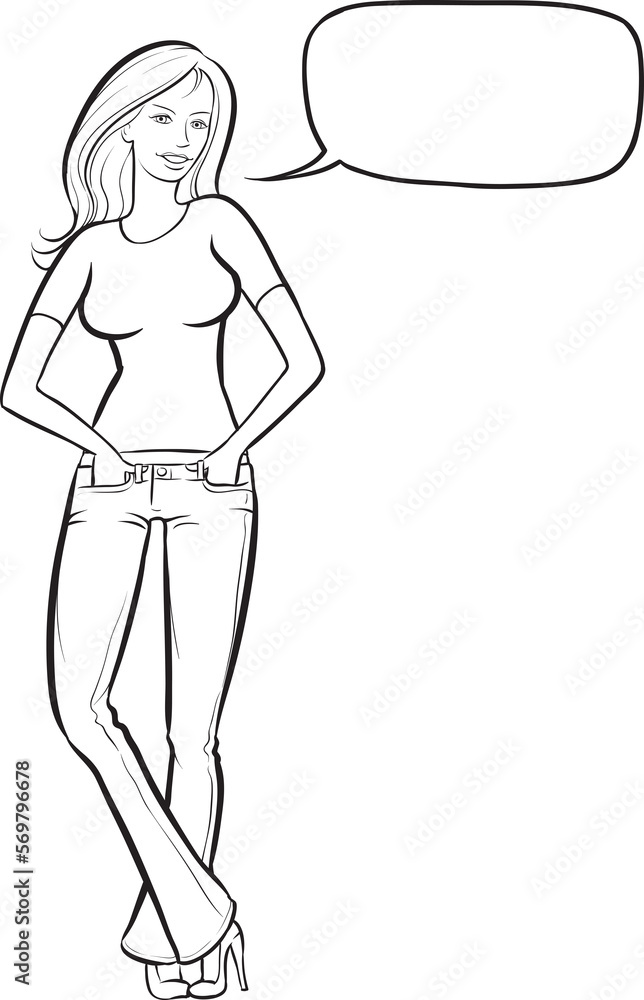 whiteboard drawing standing woman in jeans with speech bubble - PNG image with transparent background whiteboard drawing standing woman in jeans with speech bubble - PNG image with transparent background