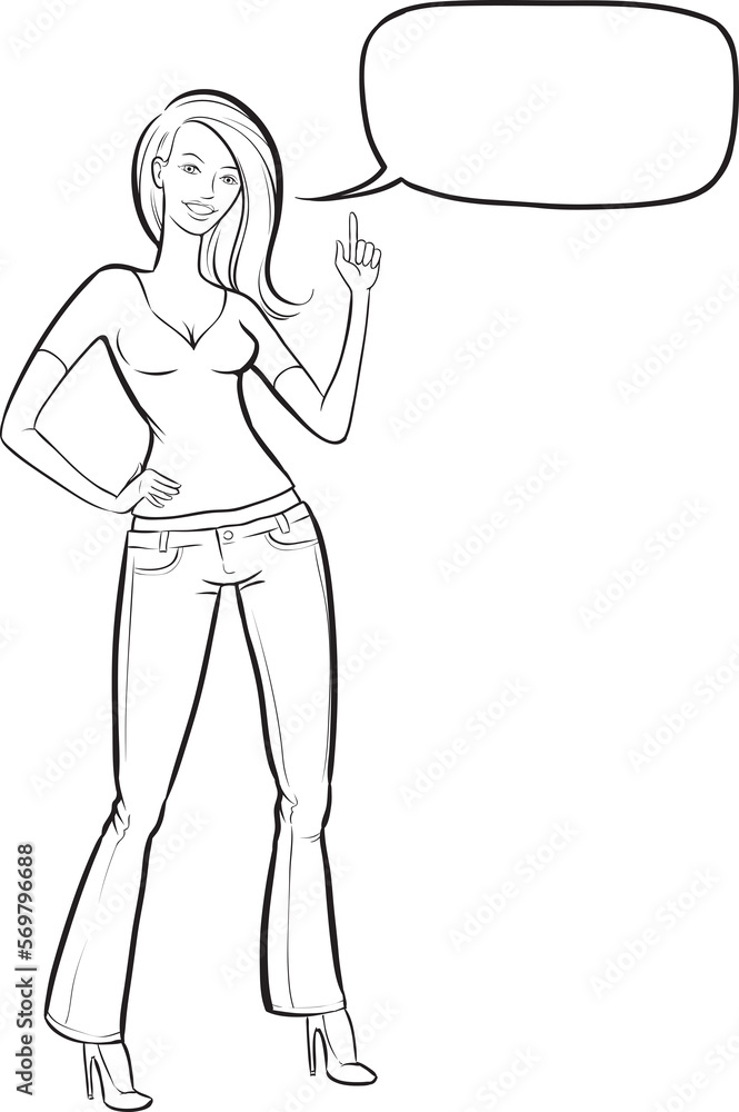 whiteboard drawing Standing woman in jeans with speech bubble pointing - PNG image with transparent background whiteboard drawing Standing woman in jeans with speech bubble pointing - PNG image with transparent background