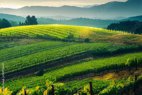 Wallpaper of vineyard rows landscape. Generative ai © Julian