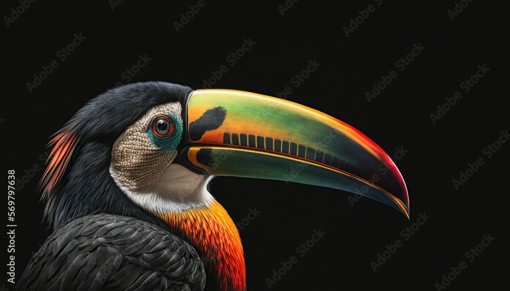 Fototapeta premium Toucan Bird, colorful bird black background, Generative AI