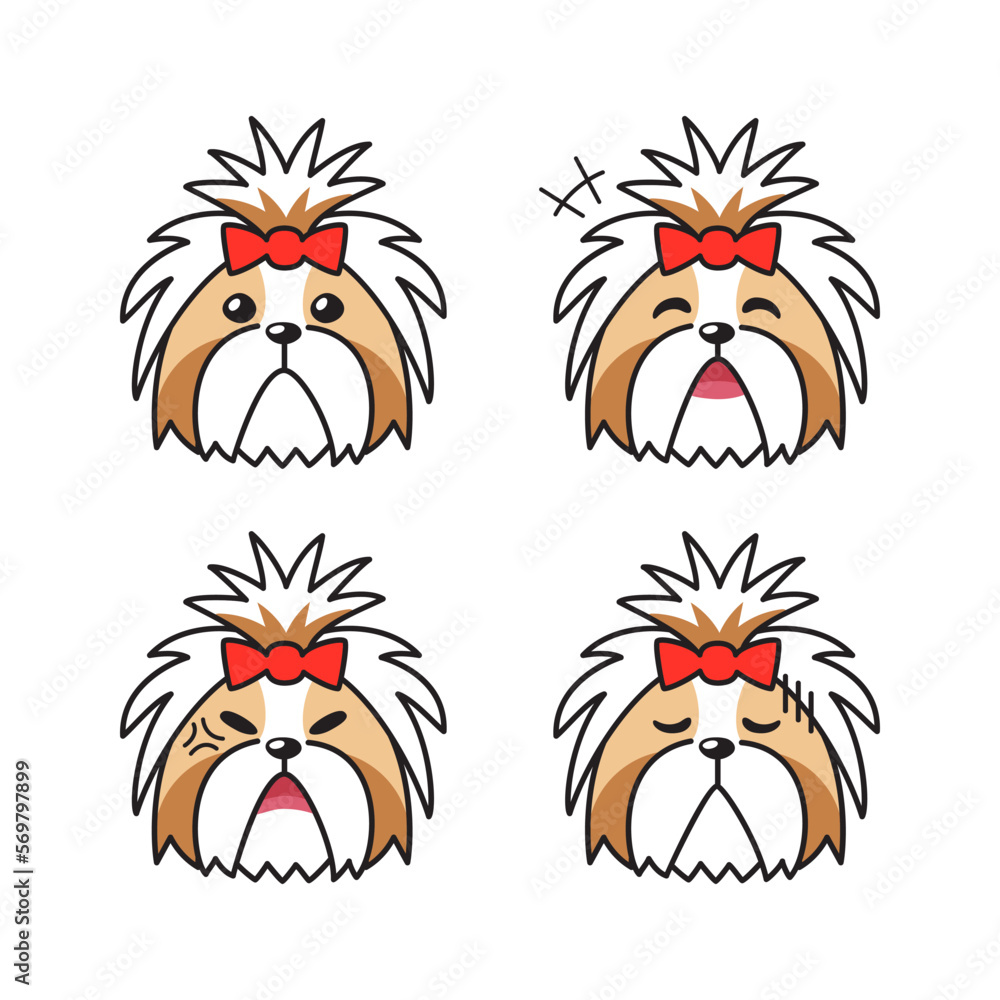 Set of character shih tzu dog faces showing different emotions for design.