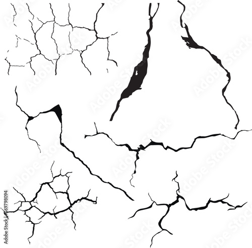 Cracks set, broken cracked wall, crash destruction effect, SVG Vector