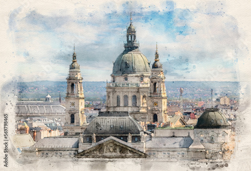 St. Stephen's Basilica in Budapest, Hungary in watercolor illustration style.  © mitzo_bs