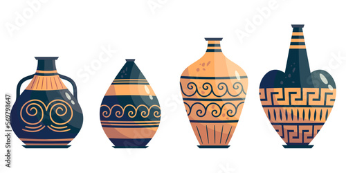 Greek vase ancient jar set isolated. Ceramic vase with greek symbol. Cartoon vector illustration. Pottery jar earthenware antique design.