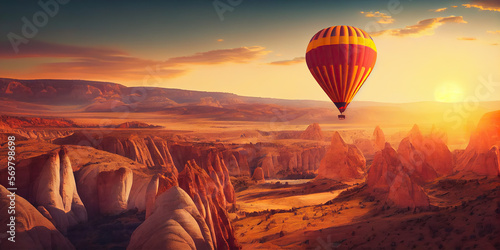 Heaven on Earth: An Aerial View of Cappadocia's Amazing Sunrise Landscape with Colorful Hot Air Balloons Flying Over Deep Canyons and Valleys. Travel Banner for Turkey. Copy space. Generative AI