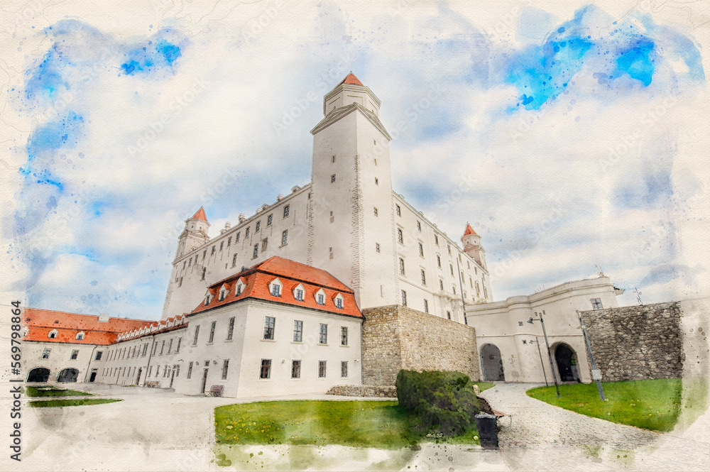 Bratislava castle in Slovakia in watercolor illustration style