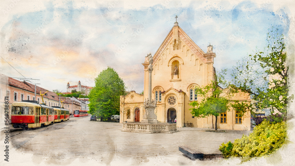 Church of St. Stephen of Hungary and the Bratislava castle in Bratislava, Slovakia in watercolor illustration style. 