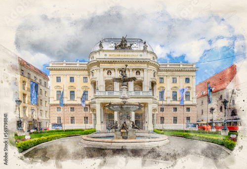 Slovak National Theatre in Bratislava, Slovakia in watercolor illustration style.  © mitzo_bs