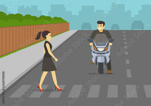 Male motorcyclist looks at female pedestrian on crosswalk. Moto rider stops at pedestrian crossing to give way woman. Flat vector illustration template.