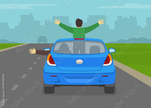 Dangerous car driving. Reckless passenger hanging out of sunroof. Driver sticks his hand out of the moving vehicle window. Sticking body parts out of the moving car. Flat vector illustration.