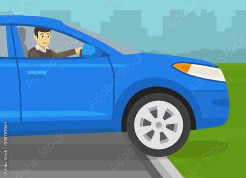 Car driving. Outdoor parking area. Young male driver accidentally drove over a curb on outdoor parking. Flat vector illustration template. 