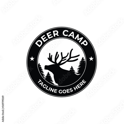 Deer Camp Logo Design Template with deer icon and badge. Perfect for business, company, mobile, app, zoo, etc.