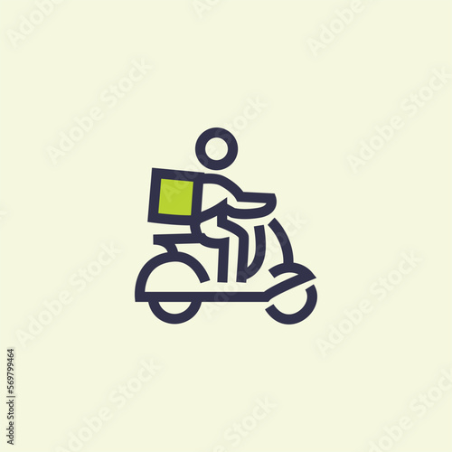 Rider icon for courier or food delivery. Premium delivery courier icon on plain BG. Food delivery bike rider delivering food. 