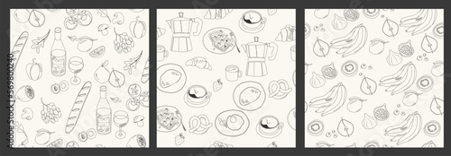 Collection of seamless pattern with art line food and drink elements. Editable vector illustration.